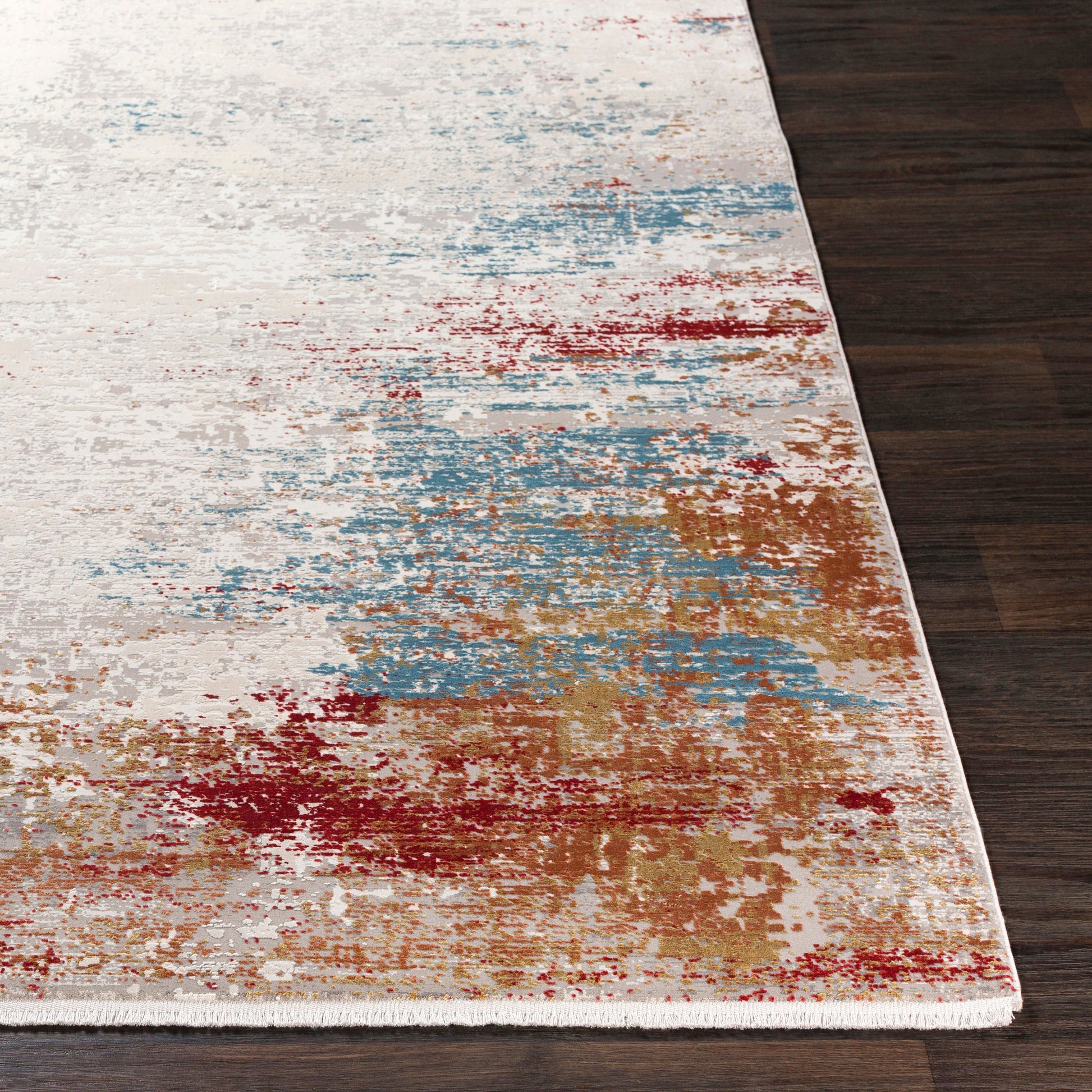 Solar SOR-2303 Rug by Surya in orange, saffron, red, sky blue, white, gray. Made from 70% viscose, 30% acrylic in a unique style.