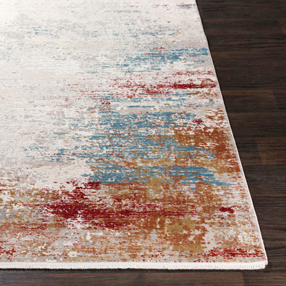 Solar SOR-2303 Rug by Surya in orange, saffron, red, sky blue, white, gray. Made from 70% viscose, 30% acrylic in a unique style.