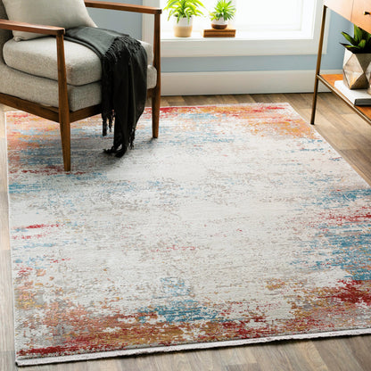 Solar Rug - 30030 by Surya in orange, saffron, red, sky blue, white, gray. Made from 70% viscose, 30% acrylic in a unique style.