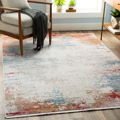 Solar SOR-2303 Rug by Surya in orange, saffron, red, sky blue, white, gray. Made from 70% viscose, 30% acrylic in a unique style.