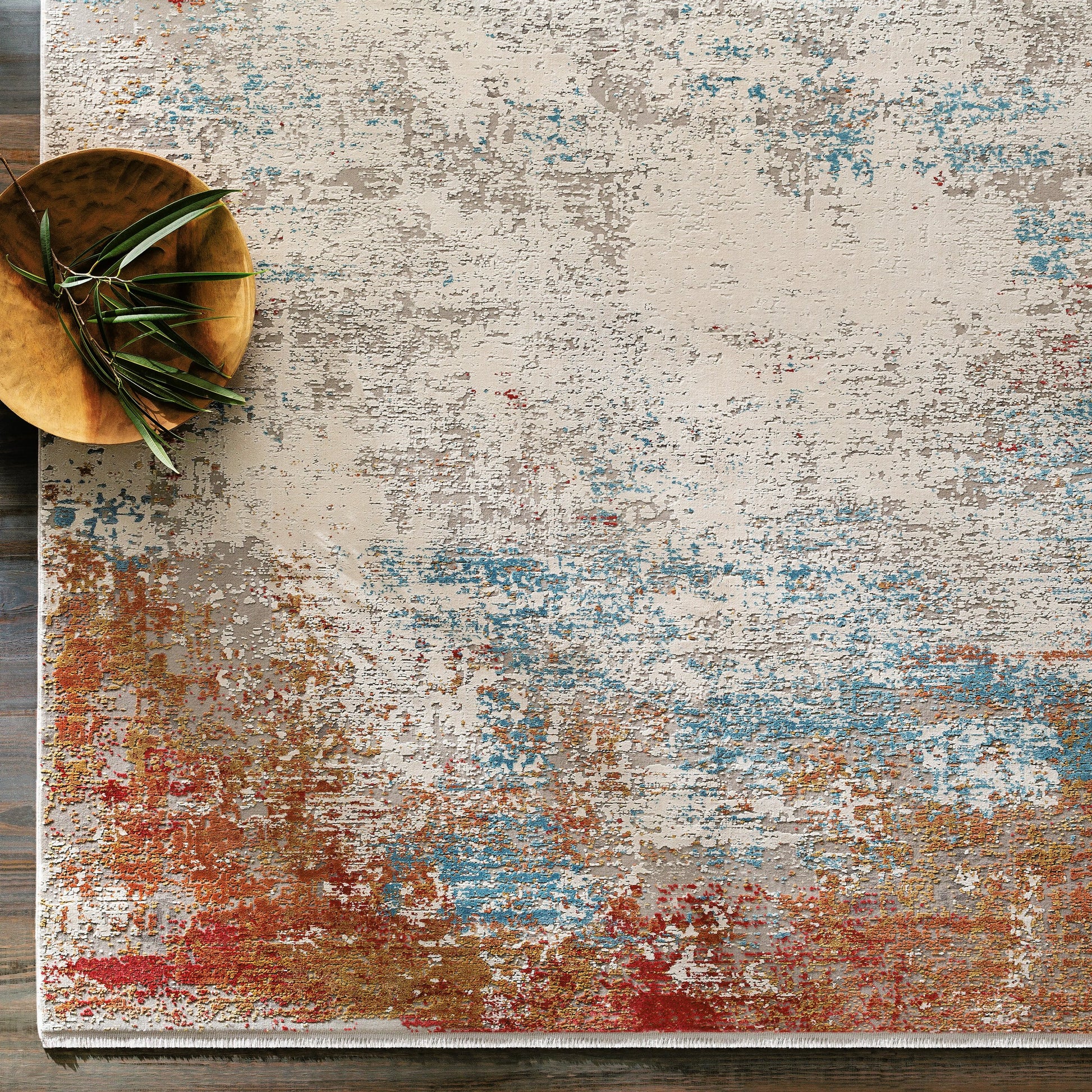 Solar Rug - 30030 by Surya in orange, saffron, red, sky blue, white, gray. Made from 70% viscose, 30% acrylic in a unique style.