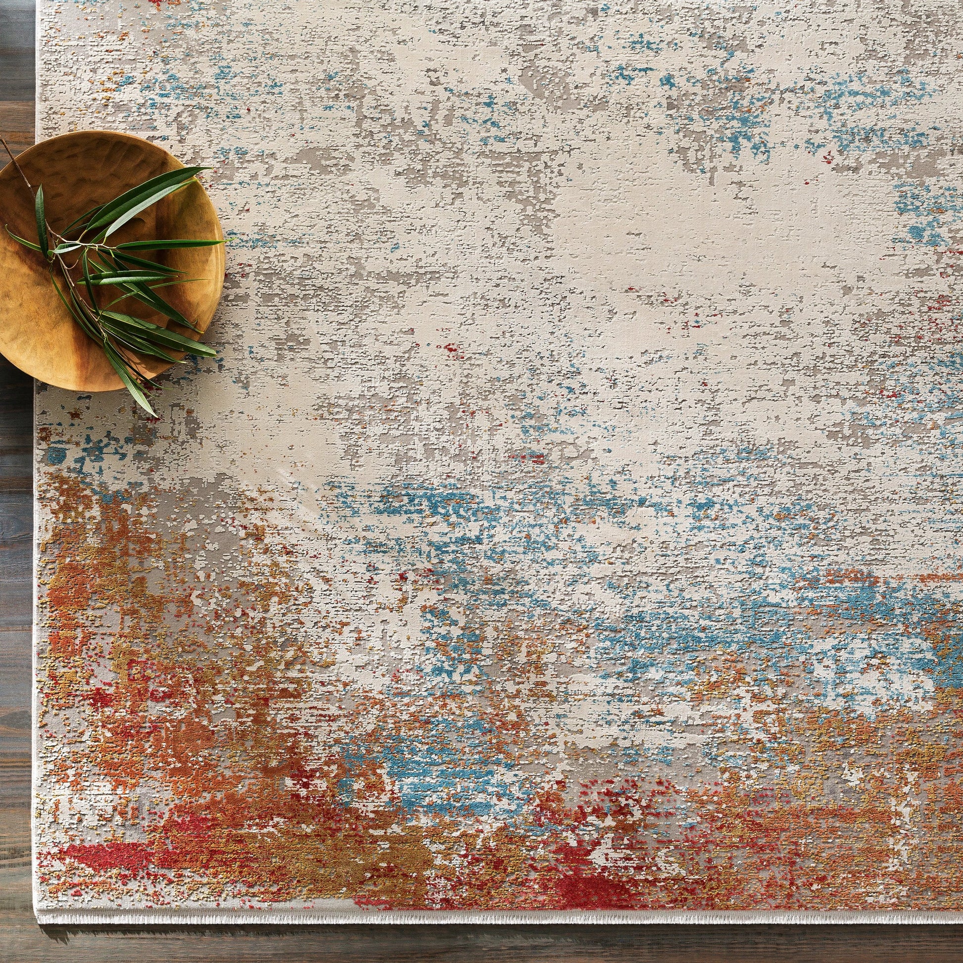 Solar SOR-2303 Rug by Surya in orange, saffron, red, sky blue, white, gray. Made from 70% viscose, 30% acrylic in a unique style.