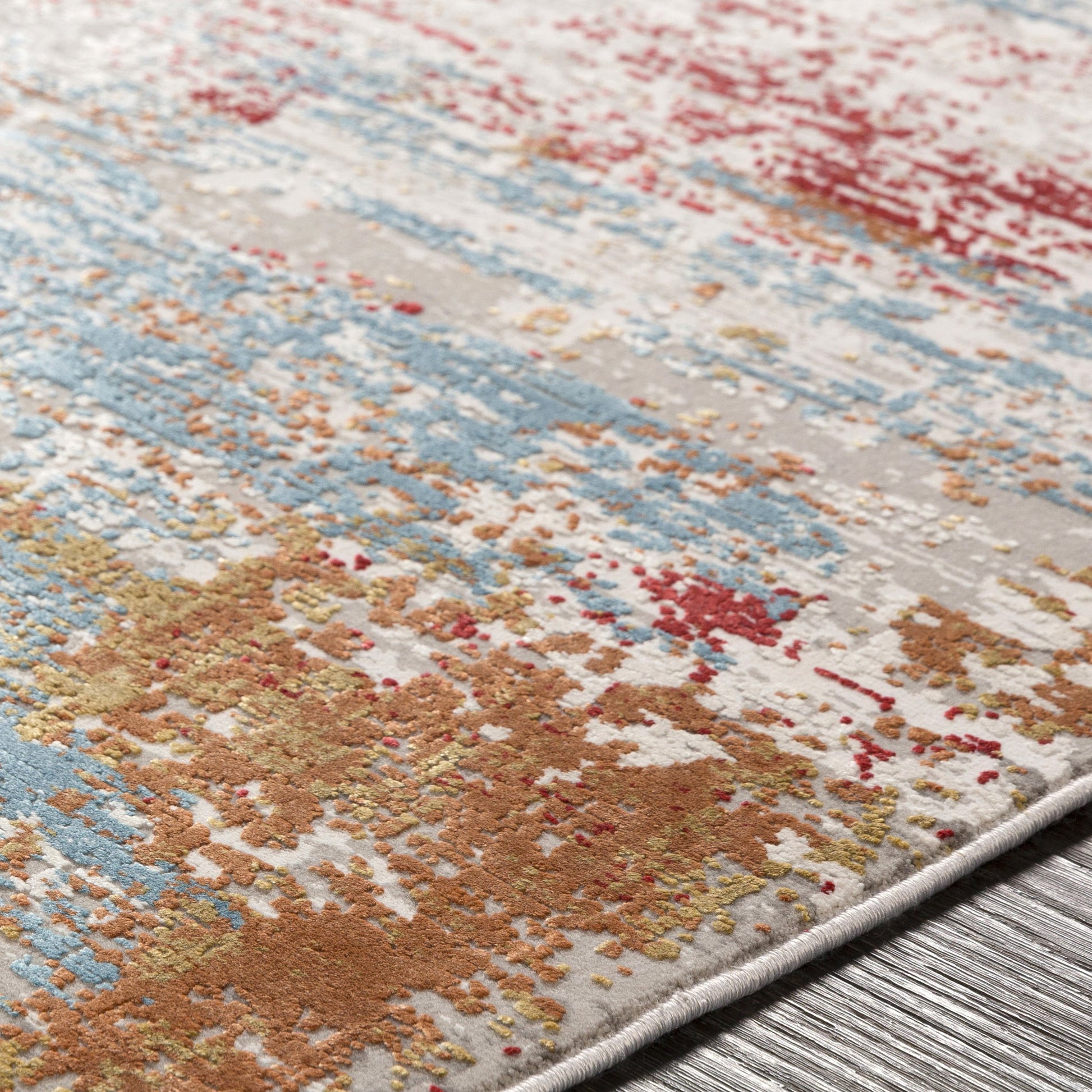 Solar SOR-2303 Rug by Surya in orange, saffron, red, sky blue, white, gray. Made from 70% viscose, 30% acrylic in a unique style.