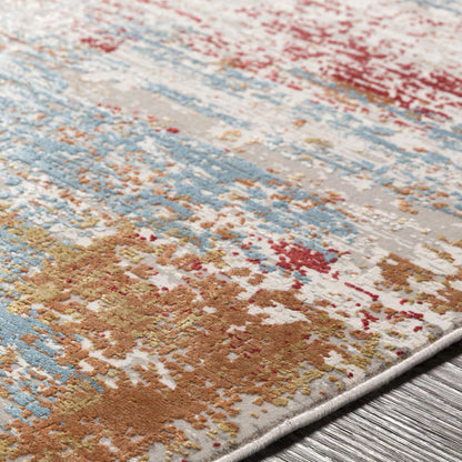 Solar SOR-2303 Rug by Surya in orange, saffron, red, sky blue, white, gray. Made from 70% viscose, 30% acrylic in a unique style.