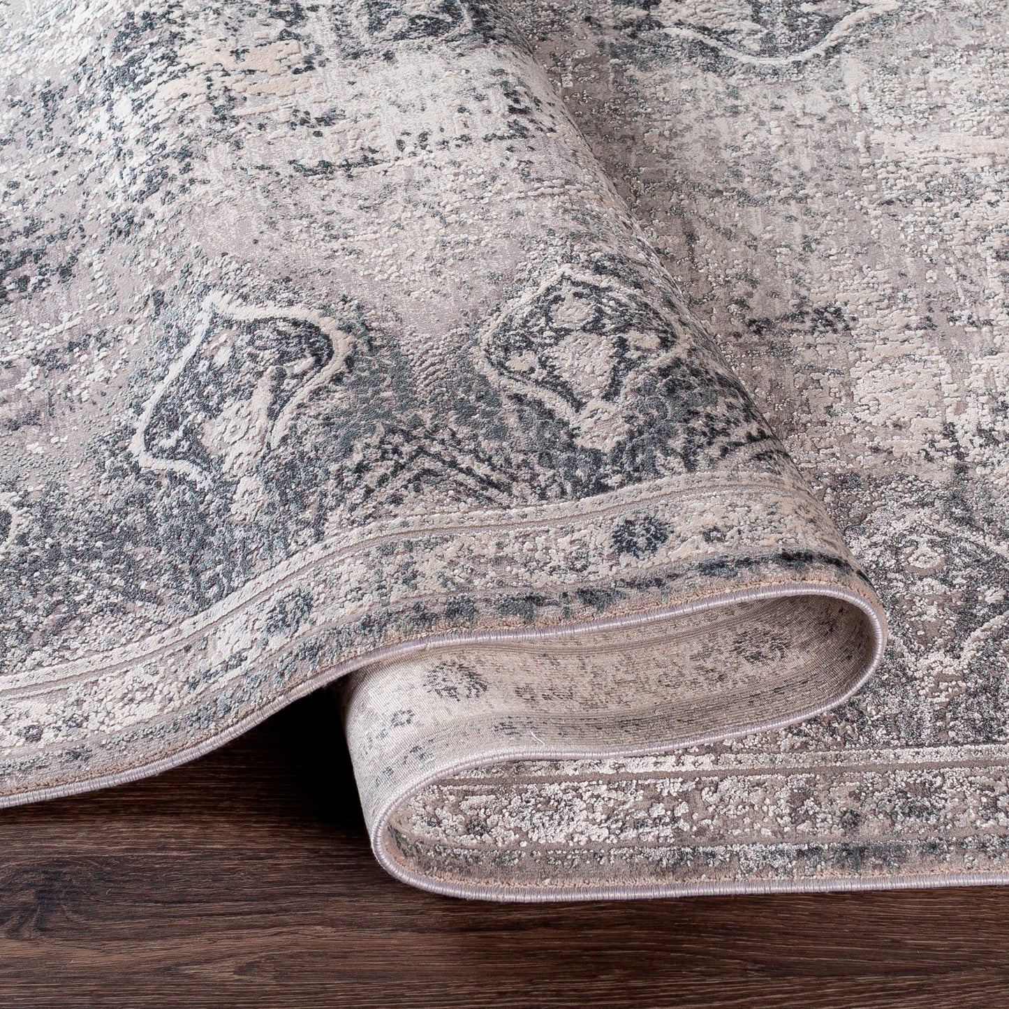 006 SI-1890779,SI-1890780,SI-1890782,SI-1890785 | Closeup | Solar Rug - 26137 by Surya in gray, light gray, light beige, light slate, black. Made from 70% viscose, 30% acrylic in a unique style.