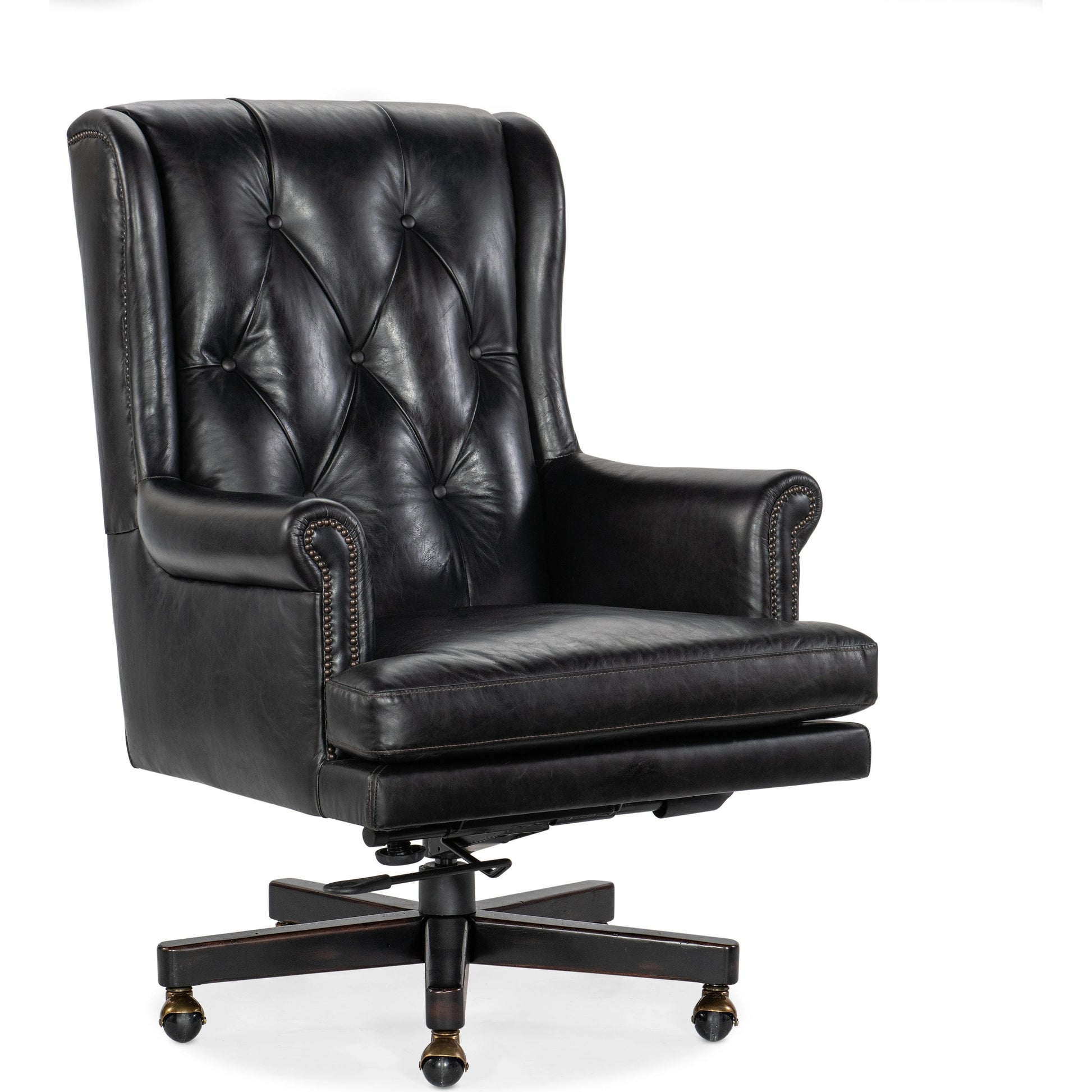 Charleston Executive Swivel Tilt Chair by Hooker Furniture in old saddle black. Made from leather, old saddle black (aniline top grain) in a unique style.