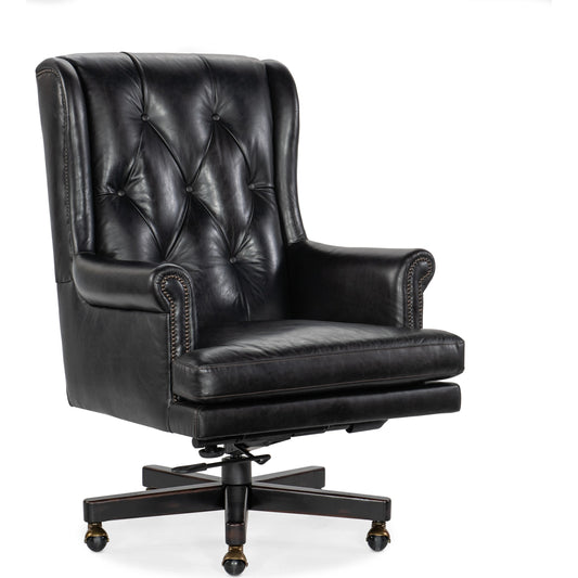 Charleston Executive Swivel Tilt Chair by Hooker Furniture in old saddle black. Made from leather, old saddle black (aniline top grain) in a unique style.