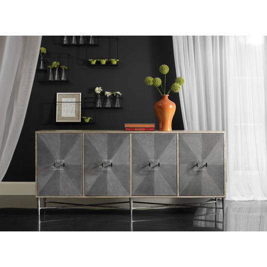 Zola Credenza by Hooker Furniture in natural, gray. Made from elm, maple, black walnut veneers with metal base in a modern style.