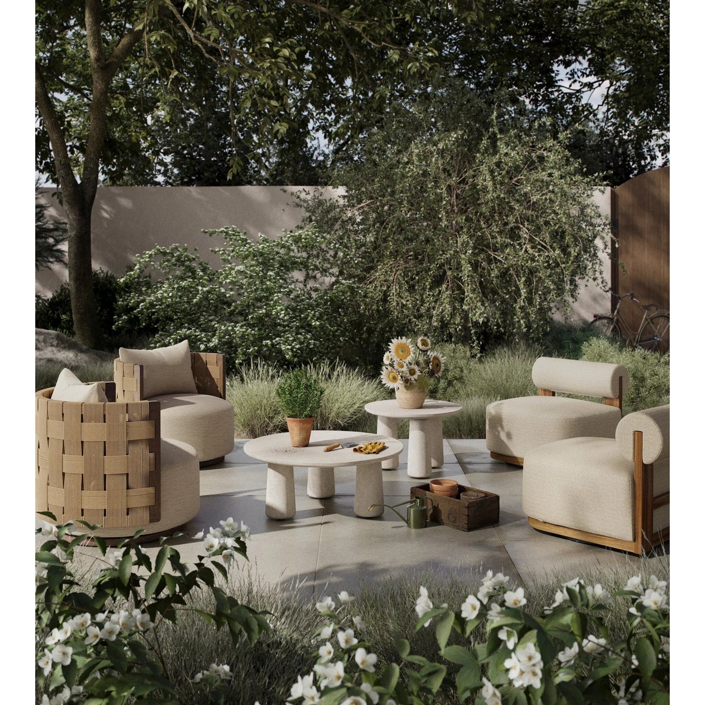 013 SI-2519238 | Lifestyle | Malta Outdoor Swivel Chair by Four Hands in faye sand, natural teak-fsc. Made from 100% olefin, solid fsc®-certified teak in a transitional style.