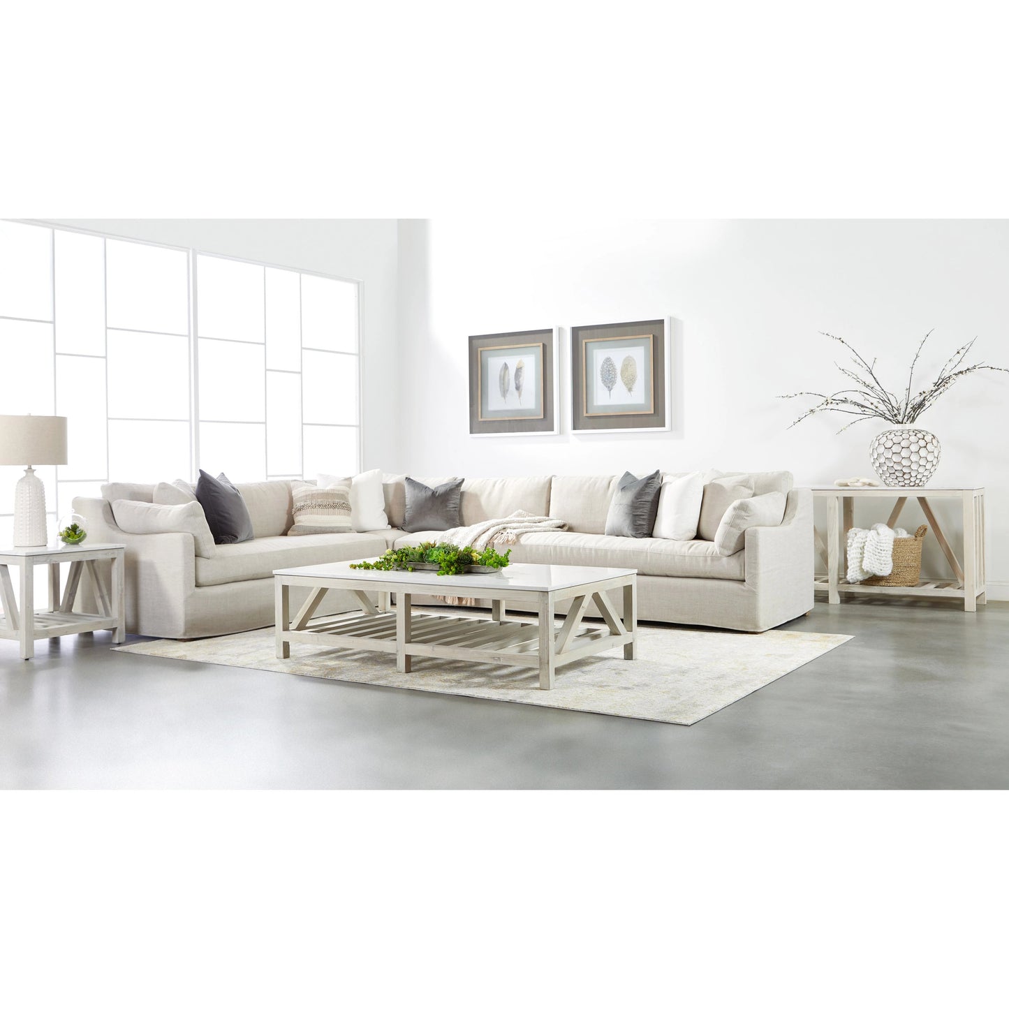 006 SI-1826891 | Lifestyle | Spruce Coffee Table by Essentials For Living in white wash pine, white quartz. Made from solid pine wood, solid quartz in a coastal style.