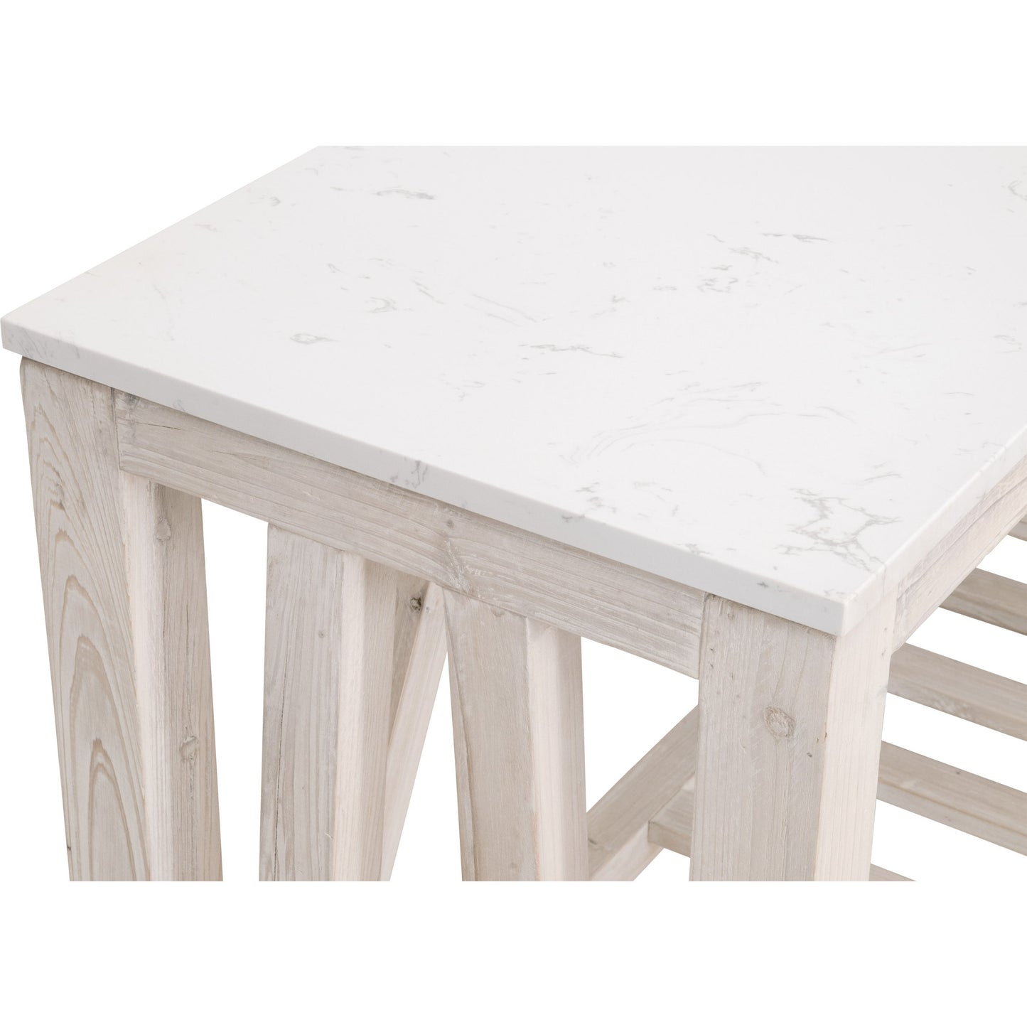 003 SI-1826892 | Closeup | Spruce Console Table by Essentials For Living in white wash pine, white quartz. Made from solid pine wood, solid quartz in a coastal style.