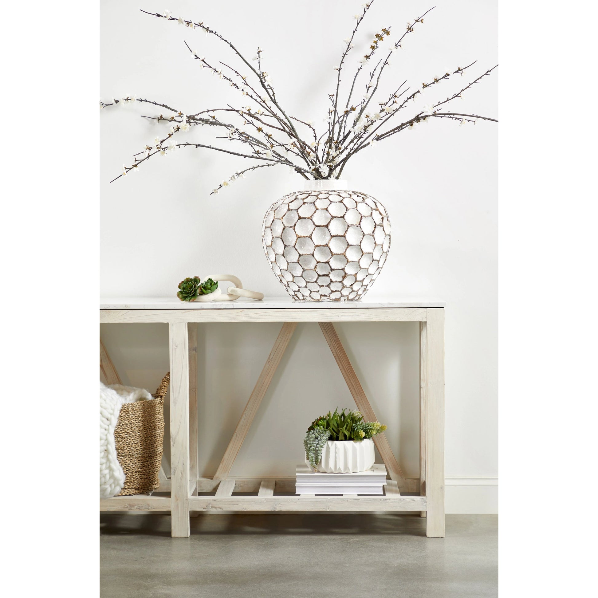 Spruce Console Table by Essentials For Living in white wash pine, white quartz. Made from solid pine wood, solid quartz in a coastal style.