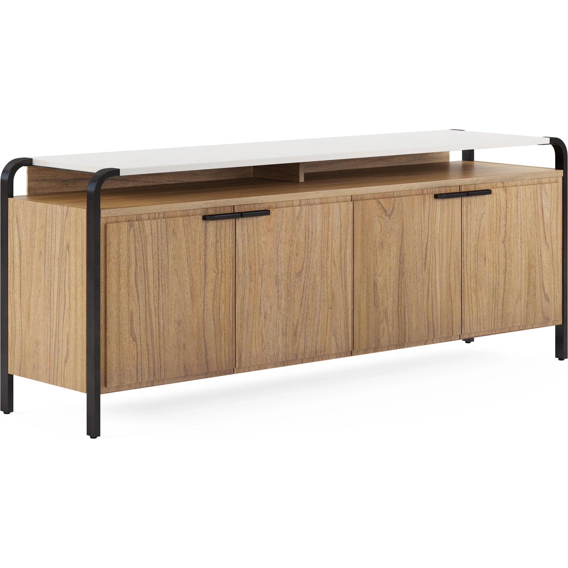 Portico Entertainment Console by A.R.T. Furniture in sienna, white plaster. Made from parawood solids, mindi veneers, resin, steel in a modern style.