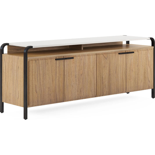 Portico Entertainment Console by A.R.T. Furniture in sienna, white plaster. Made from parawood solids, mindi veneers, resin, steel in a modern style.
