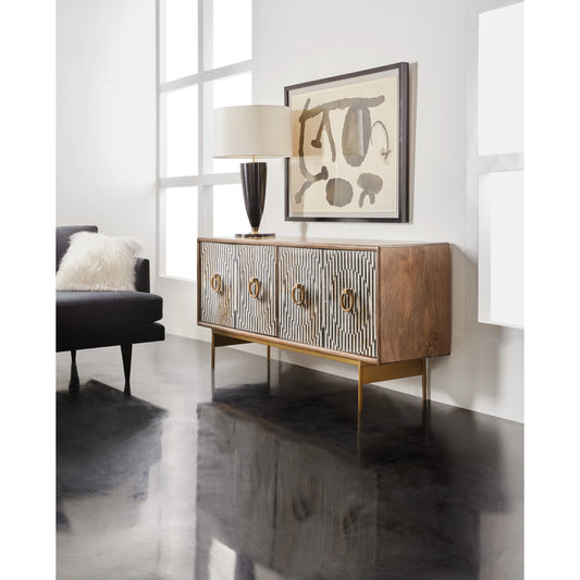 Melange Russell Credenza by Hooker Furniture in medium wood. Made from mango wood with bone inlay, metal in a modern style.