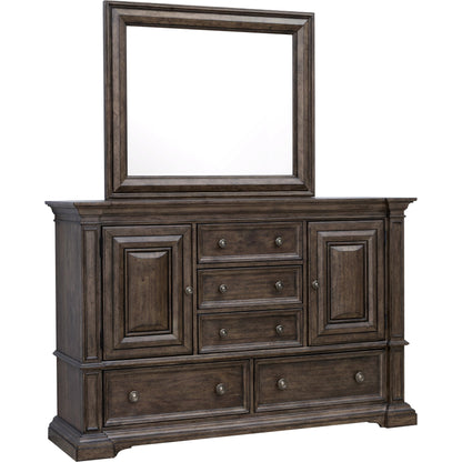 Woodbury Cabinet Dresser & Mirror Set by Pulaski Furniture in cowboy boots brown. Made from rubberwood in a traditional style.