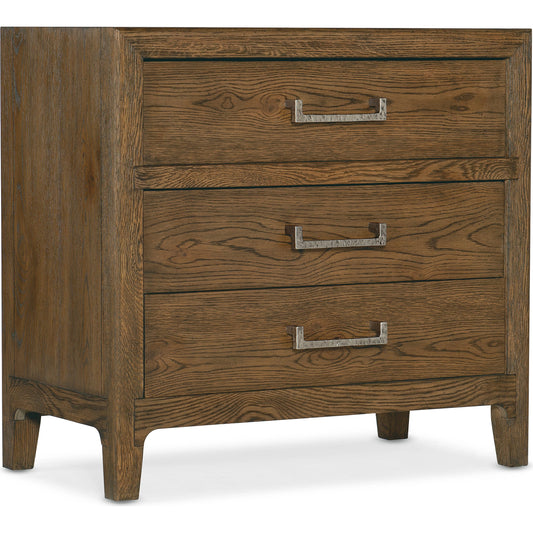 Chapman Three-Drawer Nightstand by Hooker Furniture in sorrel. Made from white oak veneers in a modern style.