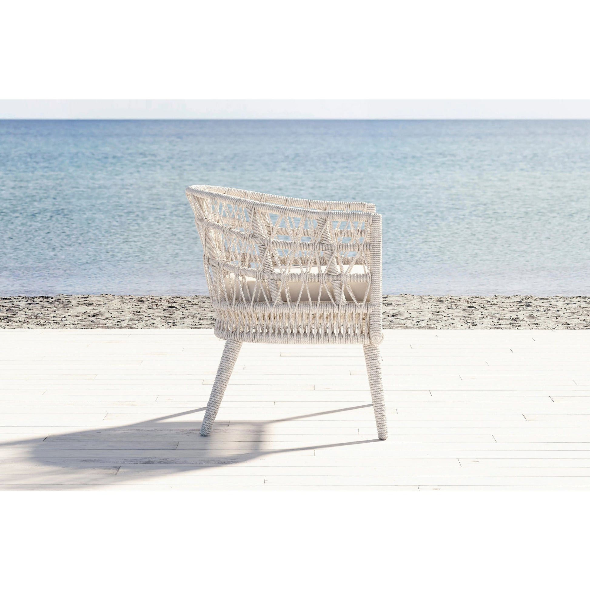 Dana Outdoor Rope Dining Chair in Linen by Sunset West in natural. Made from olefin rope in a coastal style.