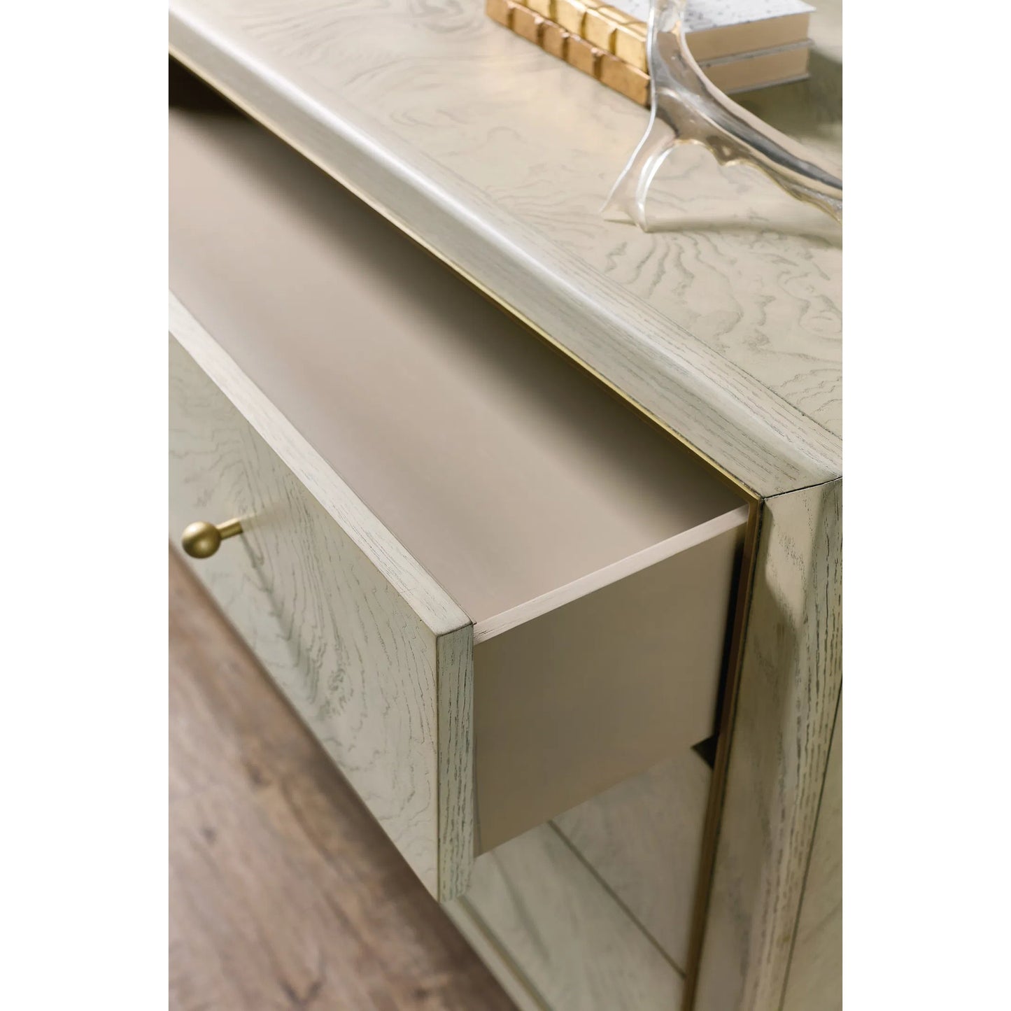 003 SI-2458428 | Closeup | Melange Wanderlust Chest by Hooker Furniture in light greige, ash burl veneers. Made from wood, metal, fabric, 100% polyester in a transitional style.