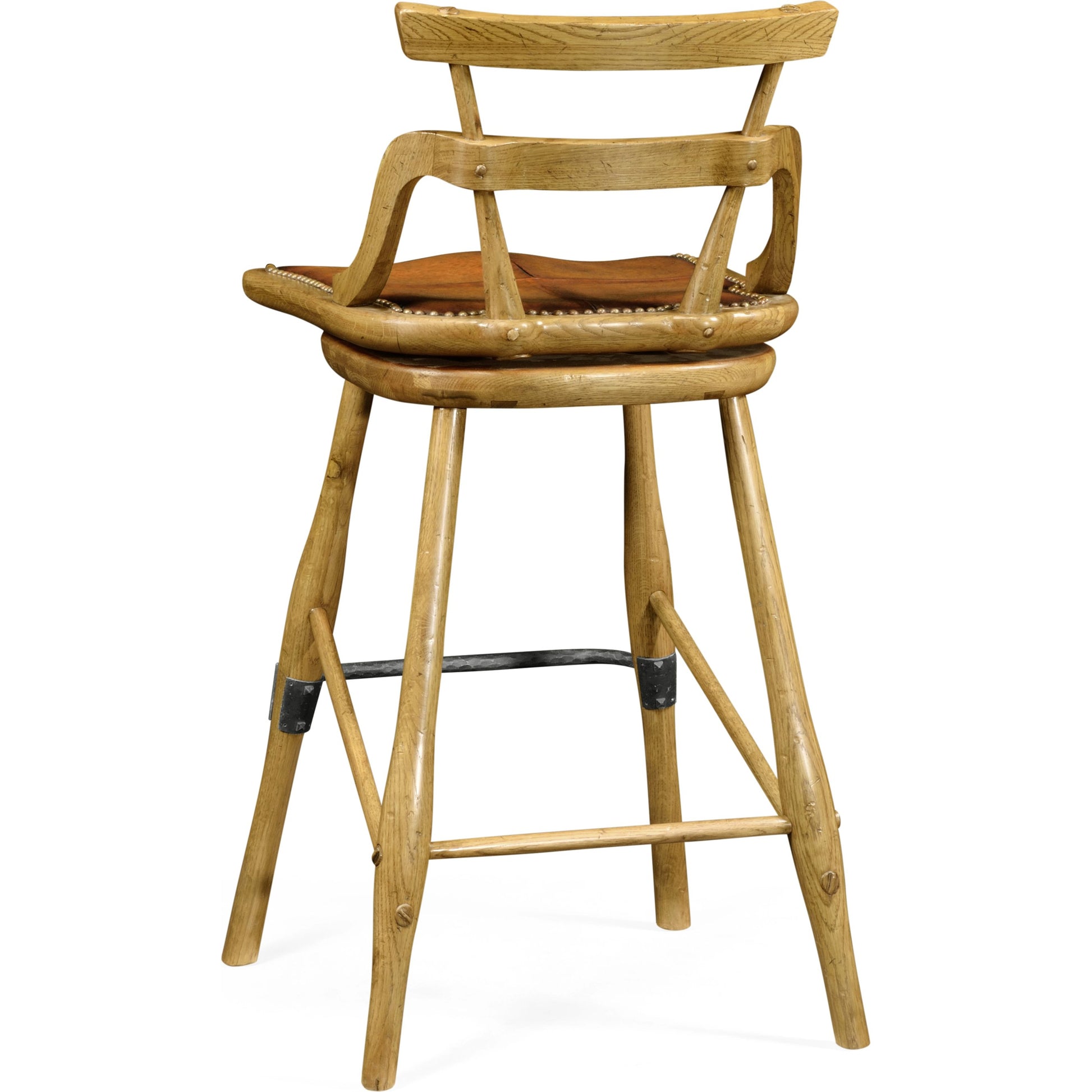 Buckingham Oak Studded Leather Barstool by Jonathan Charles in brown and dark brown tudor oak. Made from oak in a rustic style.