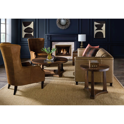 Archives Round End Table by Hooker Furniture in dark wood and classic walnut. Made from figured quartered walnut veneer in a transitional style.
