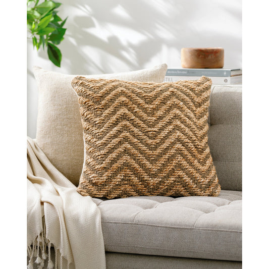 Srinagar Pillow - 479615 by Surya in camel, brick, dark brown, tan, copper, pearl, natural. Made from front: 100% jute, back: 100% cotton in a modern style.