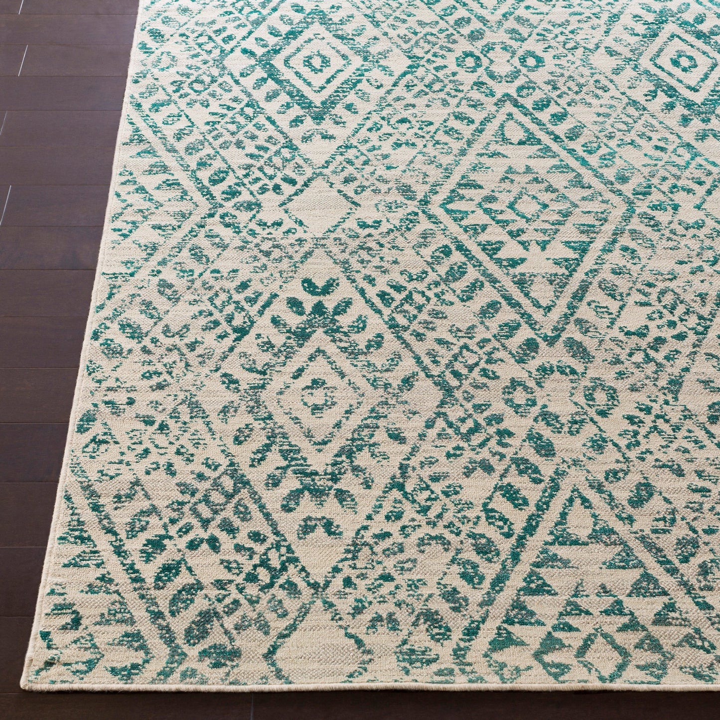 002 84630-33574 | Closeup | Stretto Rug - 17487 by Livabliss in gray, teal, ivory. Made from 50% polyester, 50% wool in a unique style.