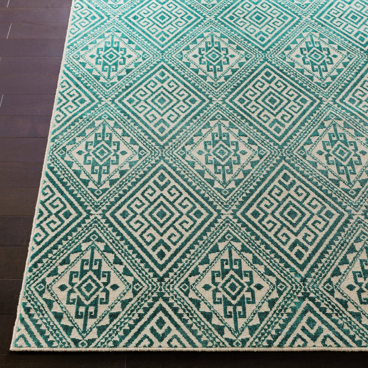 004 84643-33574 | Closeup | SRO-1022 Rug by Livabliss in teal, ivory. Made from 50% polyester, 50% wool in a unique style.