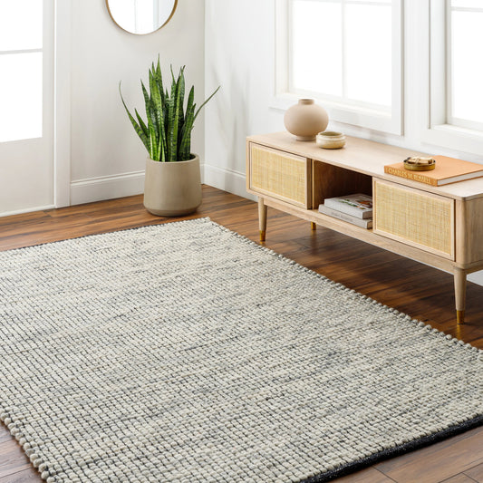 Sierra Rug - 26034 by Surya in cream, light gray, black, tan. Made from 60% wool, 20% cotton, 20% polyester in a unique style.