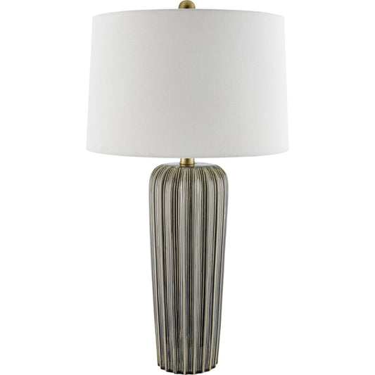 Sagres Accent Table Lamp by Livabliss in gray and glazed, plated. Made from ceramic, linen, iron in a unique style.
