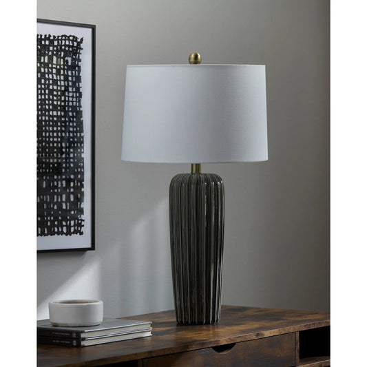 Sagres Accent Table Lamp by Livabliss in gray and glazed, plated. Made from ceramic, linen, iron in a unique style.