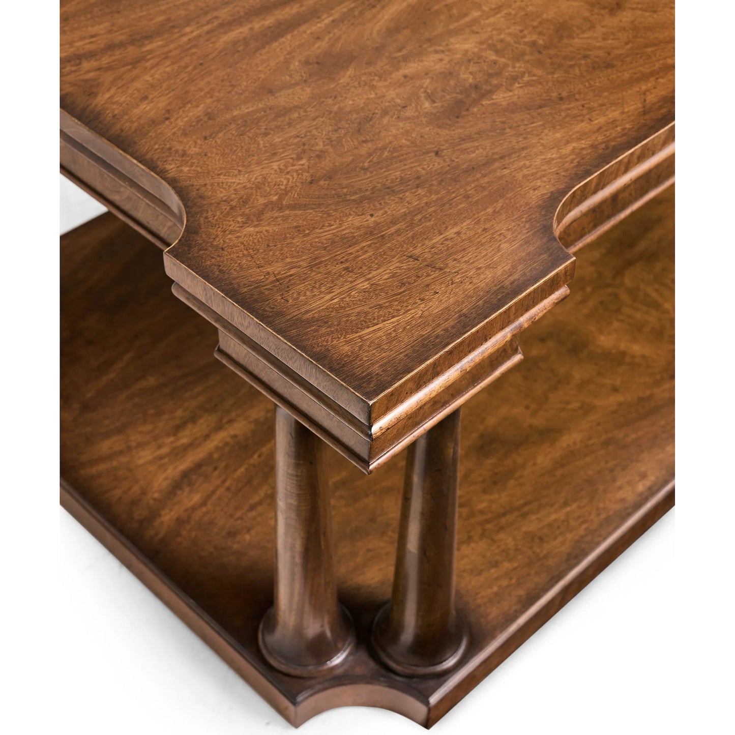 005 SI-2535724 | Closeup | Hattie Cocktail Table by Jonathan Charles in medium crotch walnut. Made from main cerejeira veneer in a unique style.
