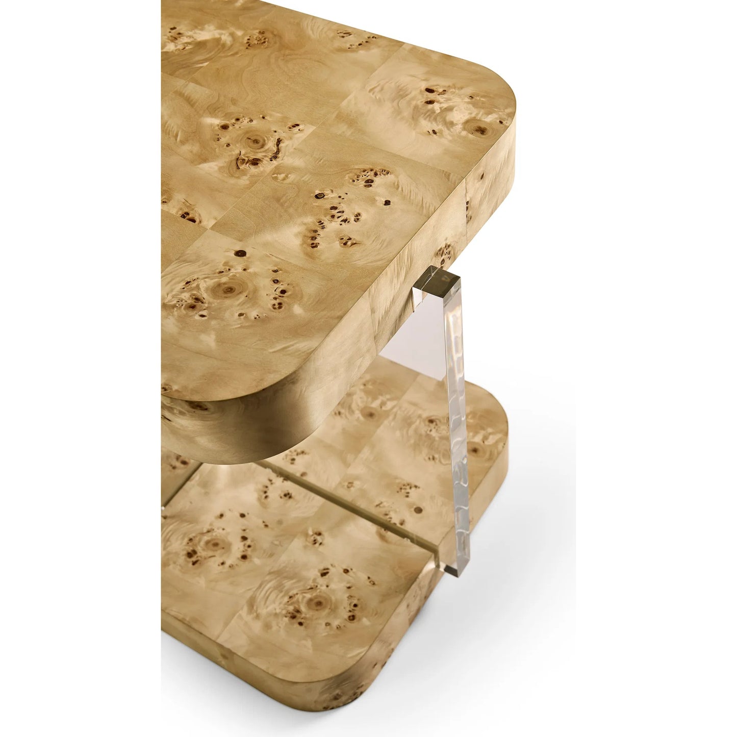 008 SI-2462654 | Closeup | Veil End Table by Jonathan Charles in natural mappa burl. Made from mappa burl in a modern style.