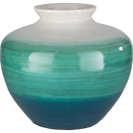 Sausalito Vase by Livabliss in dark blue, emerald, white and lacquered. Made from wood in a coastal style.