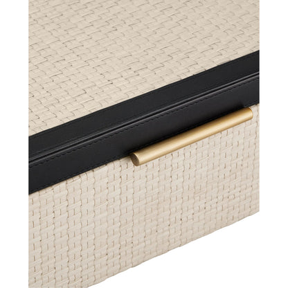 Deanna Box Set by Currey and Company in ivory, black, light antique brass, beige. Made from raffia, leather, brass, microsuede, mdf in a modern style.