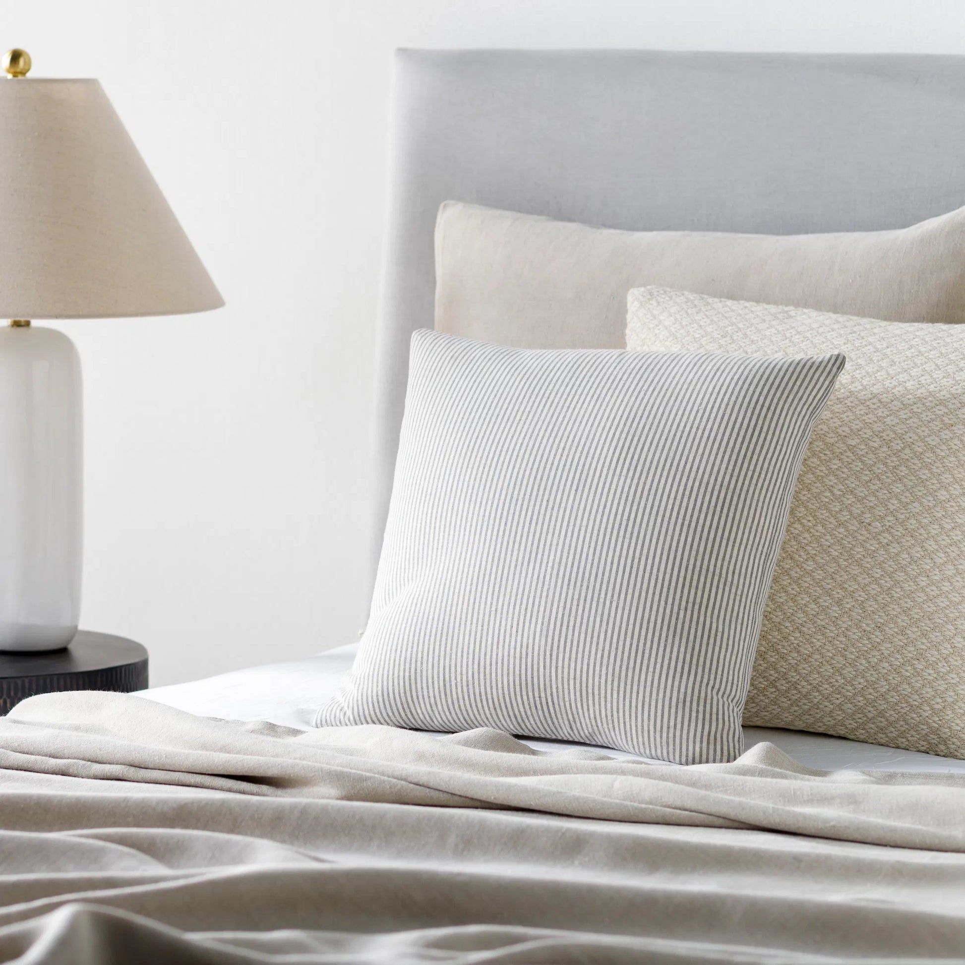 Skinny Stripe Pillow - 12374 by Surya in light beige, charcoal. Made from 85% cotton, 15% flax in a traditional style.