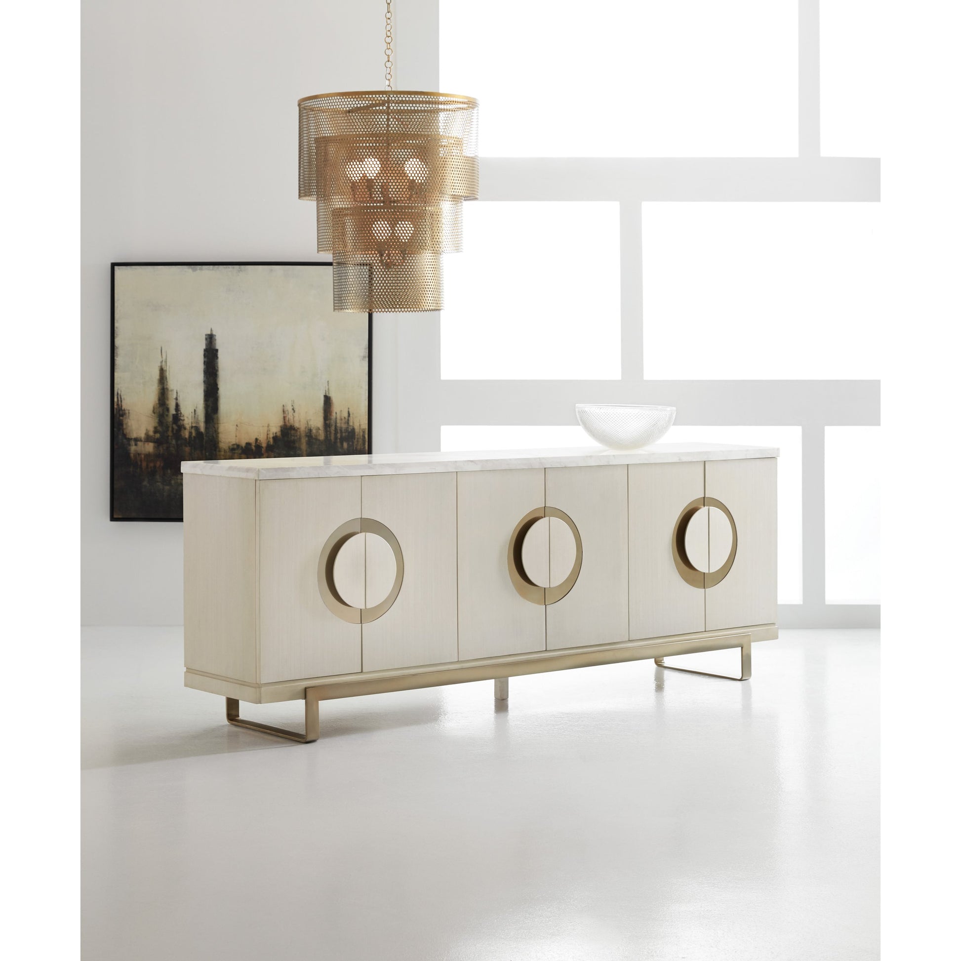 Noelle Credenza by Hooker Furniture in cream. Made from engineered veneers, metal, volakas white marble in a modern style.