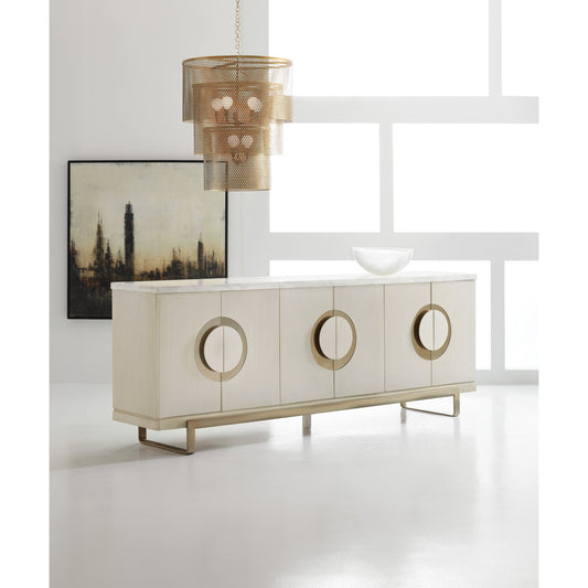 Noelle Credenza by Hooker Furniture in cream. Made from engineered veneers, metal, volakas white marble in a modern style.