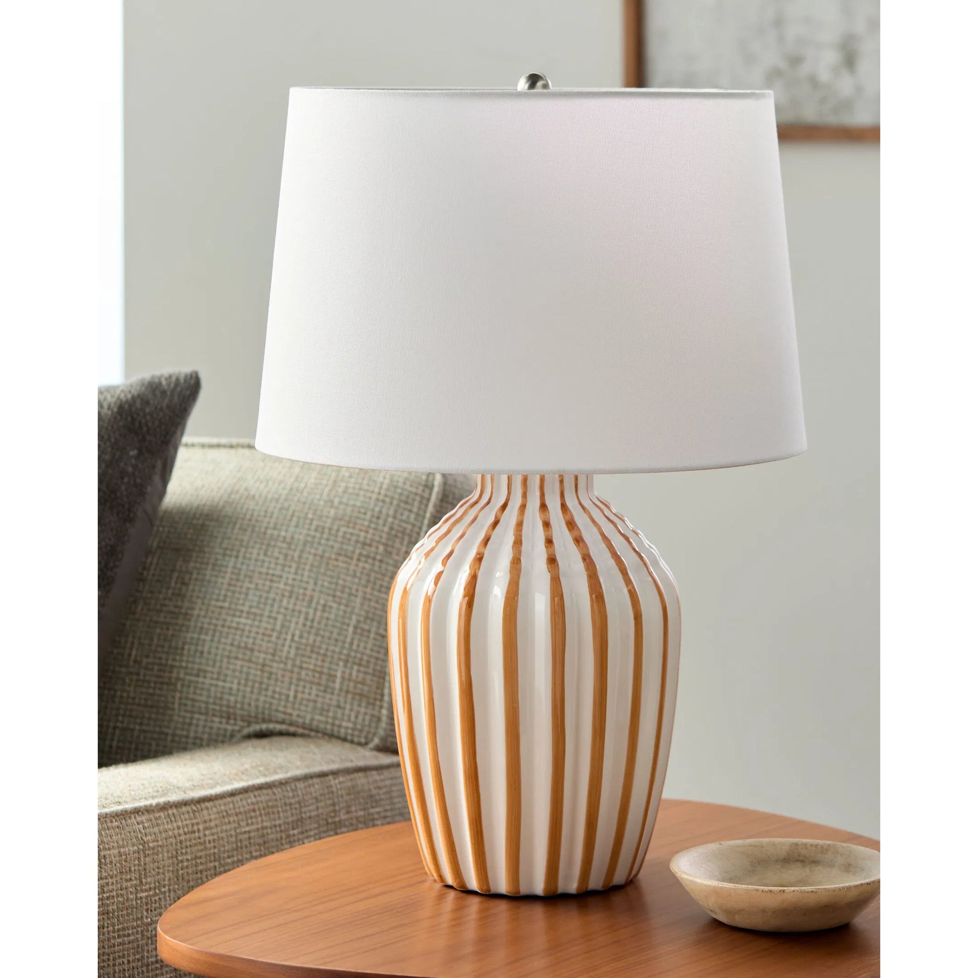 Stratos Accent Table Lamp by Livabliss in metallic, glazed. Made from ceramic, linen, polyester, iron in a modern style.