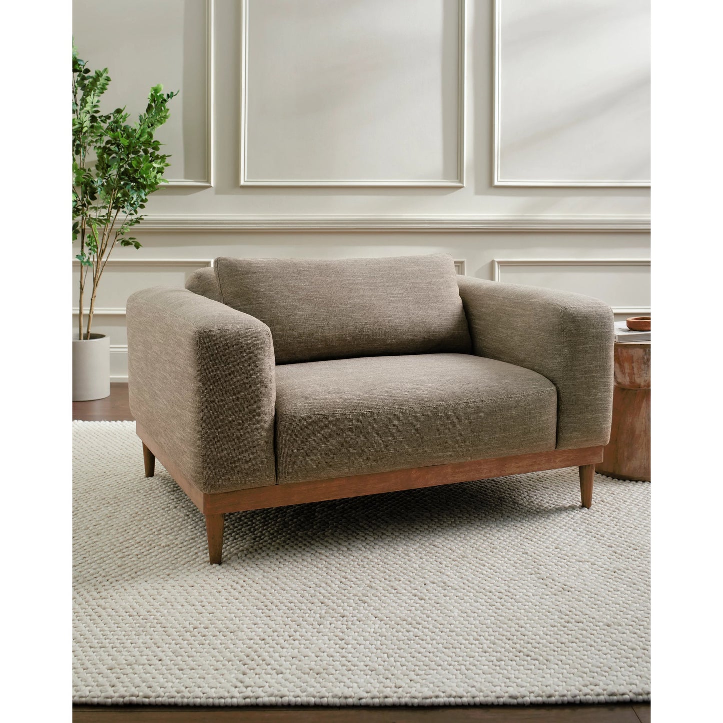004 SI-2099289 | Lifestyle | Strattan Armchair - 497503 by Surya in light brown, gray and painted. Made from linen upholstery: linen, rubber wood, polyurethane foam, dacron in a modern style.