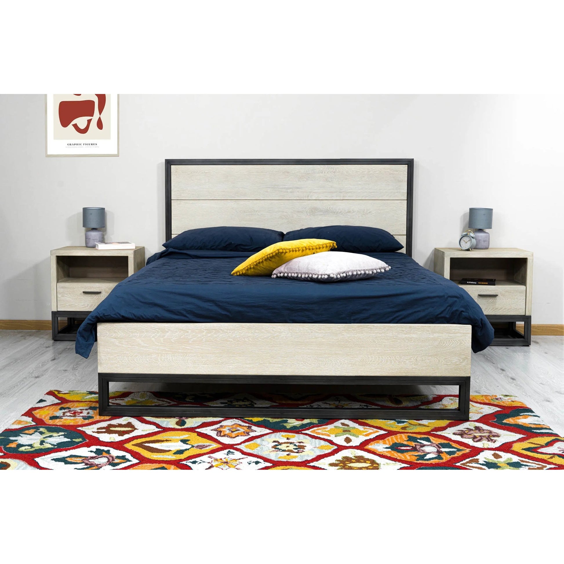 Starlight Bed by LH Imports in beige and white washed, dark grey. Made from white oak, metal in a unique style.