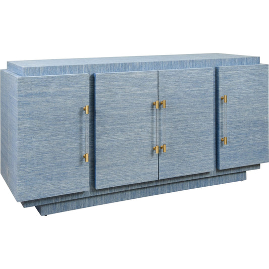 Steele Four Door Wrap Around Modern Buffet by Worlds Away in blue. Made from solid wood, mdf, grasscloth, acrylic, metal in a eclectic & global style.