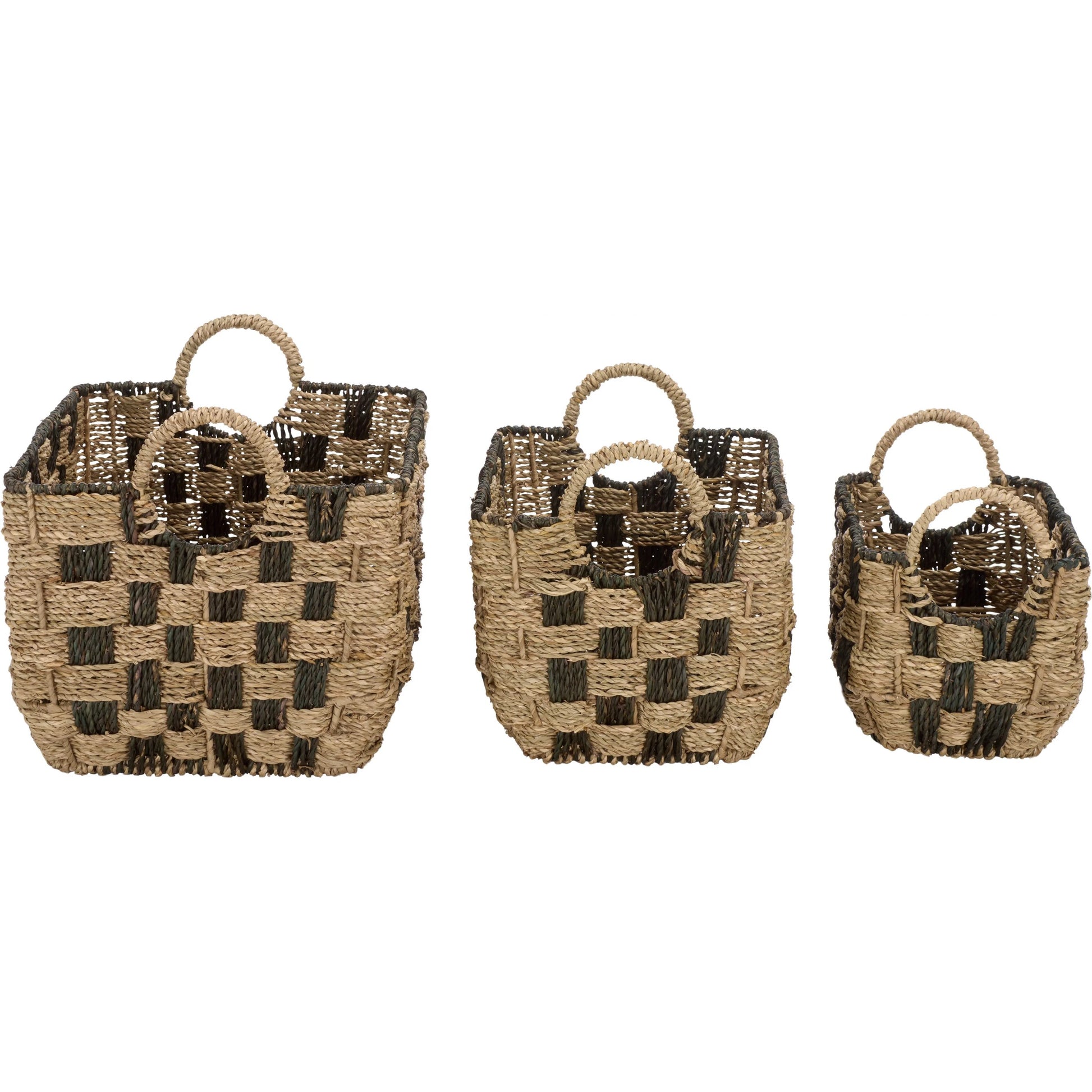 Raymond Baskets (Set of 3) by HedgeApple Essentials in natural, dark natural. Made from seagrass, metal in a unique style.