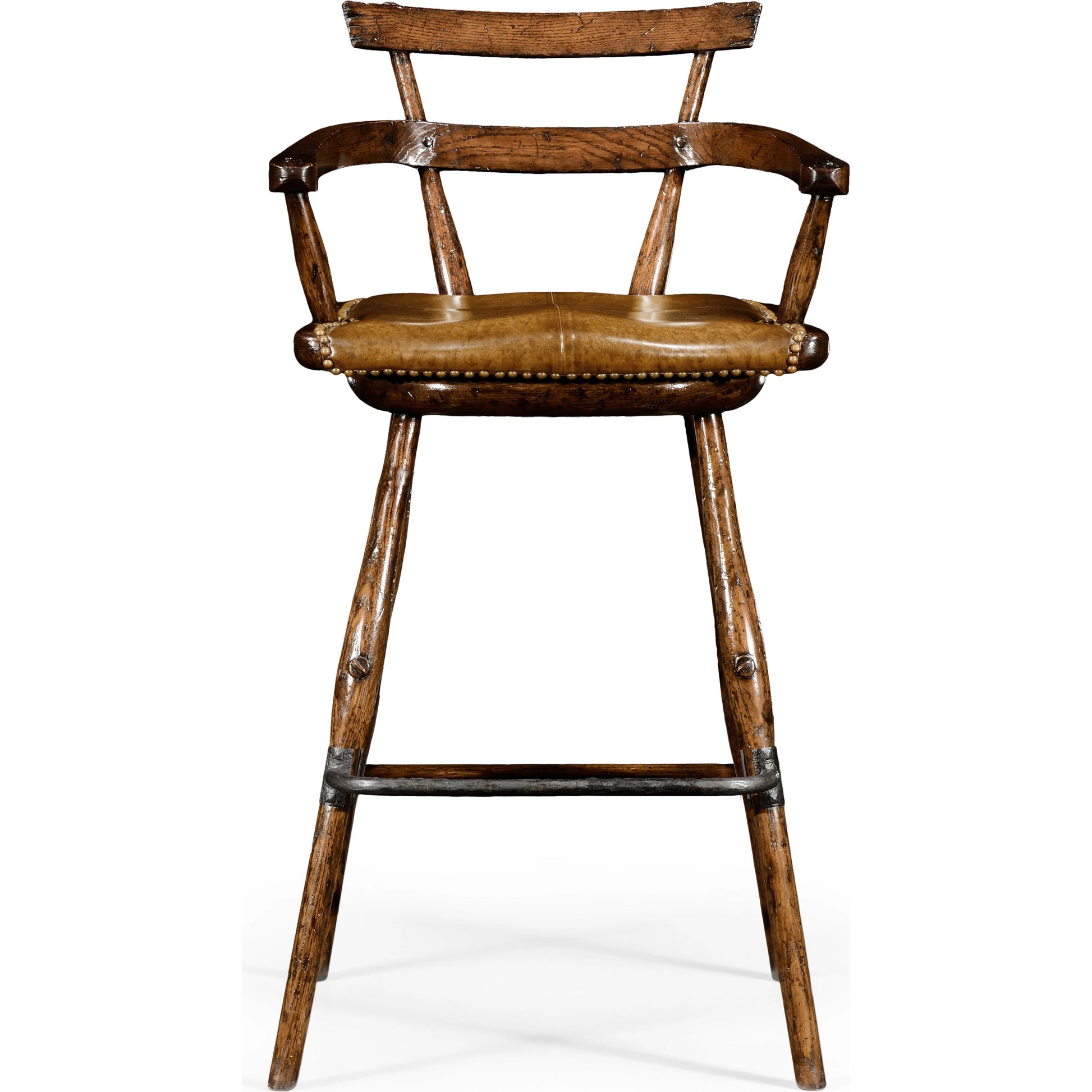 Casual Accents Tudor Oak Studded Leather Bar Stool by Jonathan Charles in brown and dark brown tudor oak. Made from oak in a rustic style.