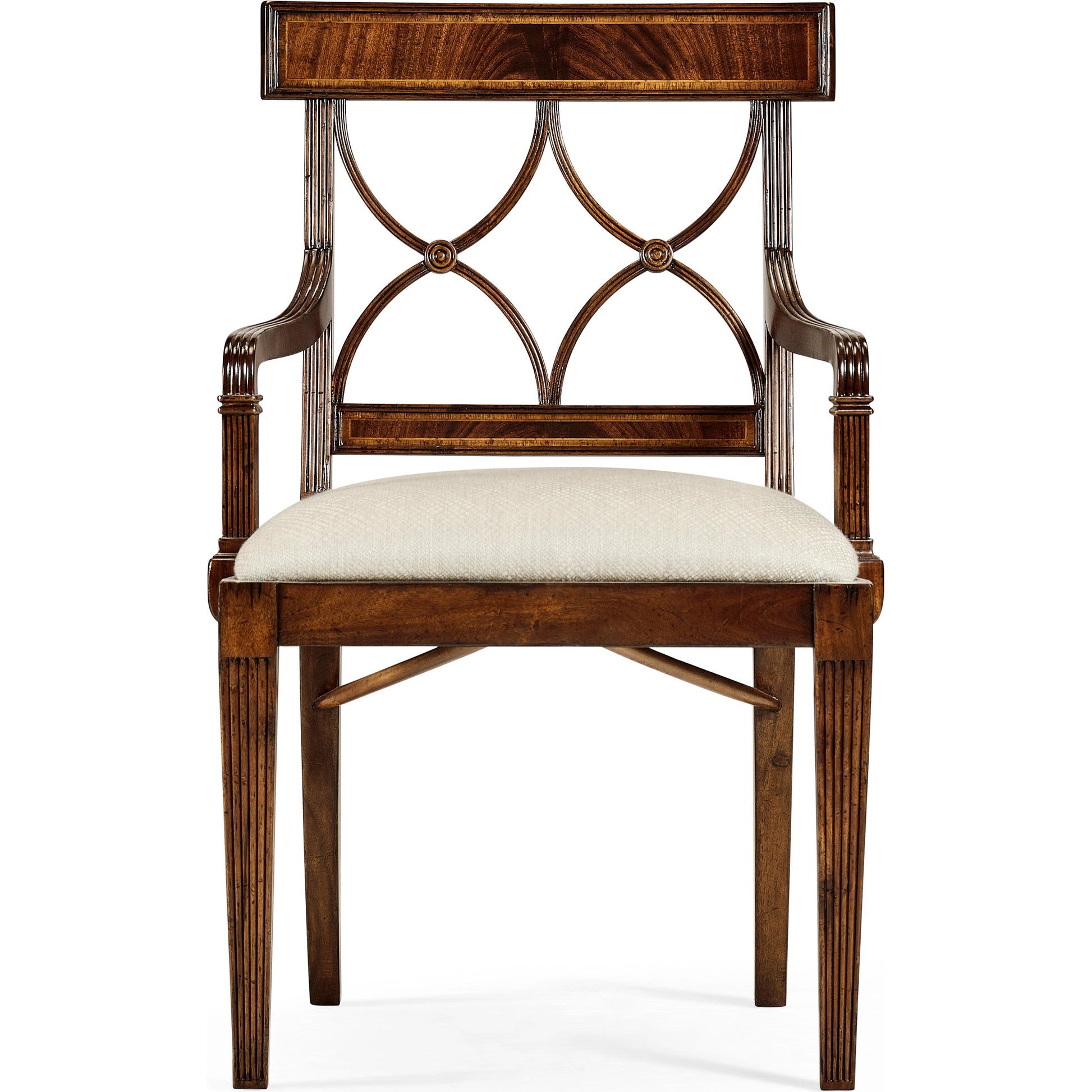 Buckingham Regency Mahogany Curved Back Arm Chair by Jonathan Charles in antique mahogany medium. Made from acacia in a modern style.