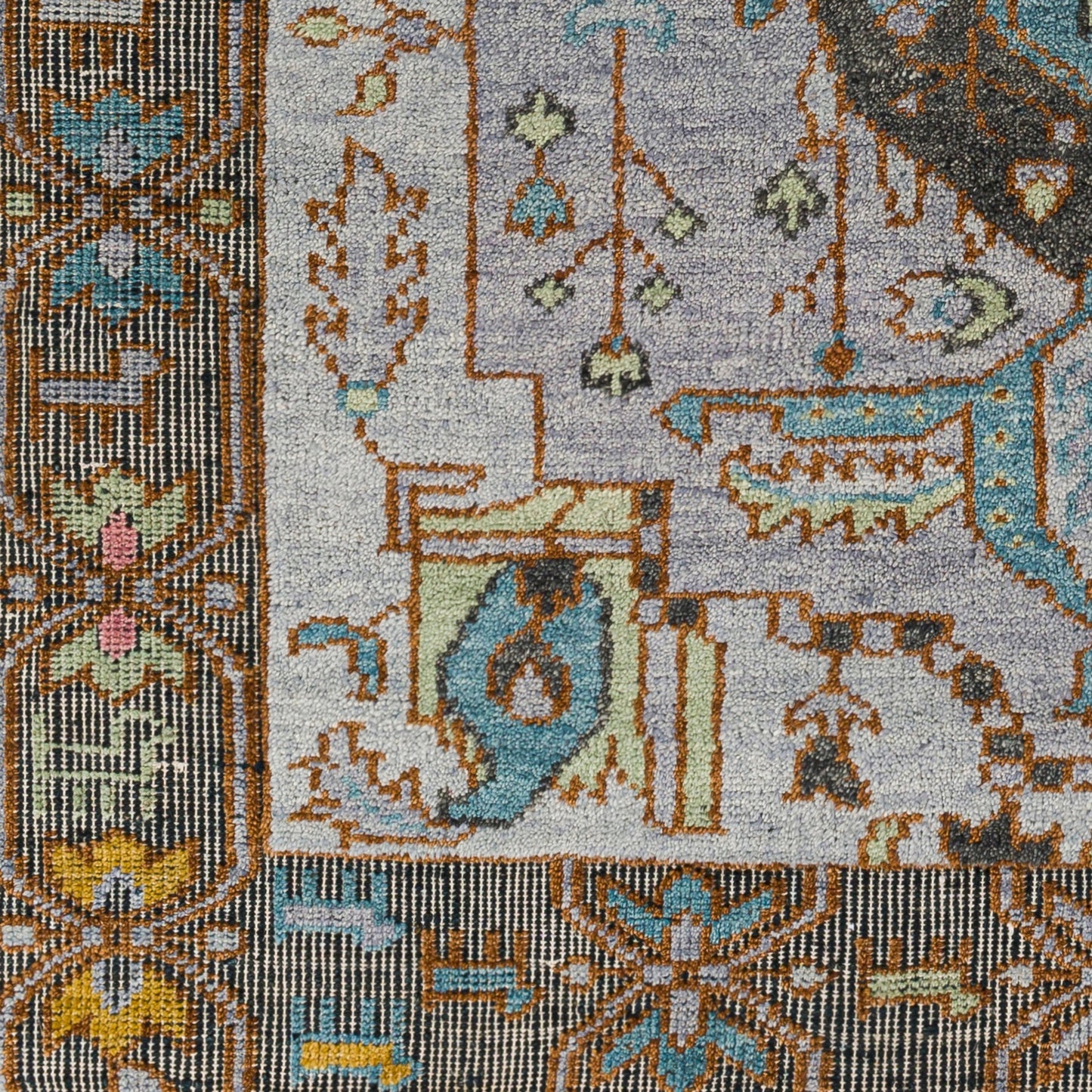 004 SI-1890885,SI-1890888 | Closeup | St Moritz Rug - 26659 by Surya in blue, brown, dusty pink, burnt orange, light sage, black. Made from 100% wool in a unique style.