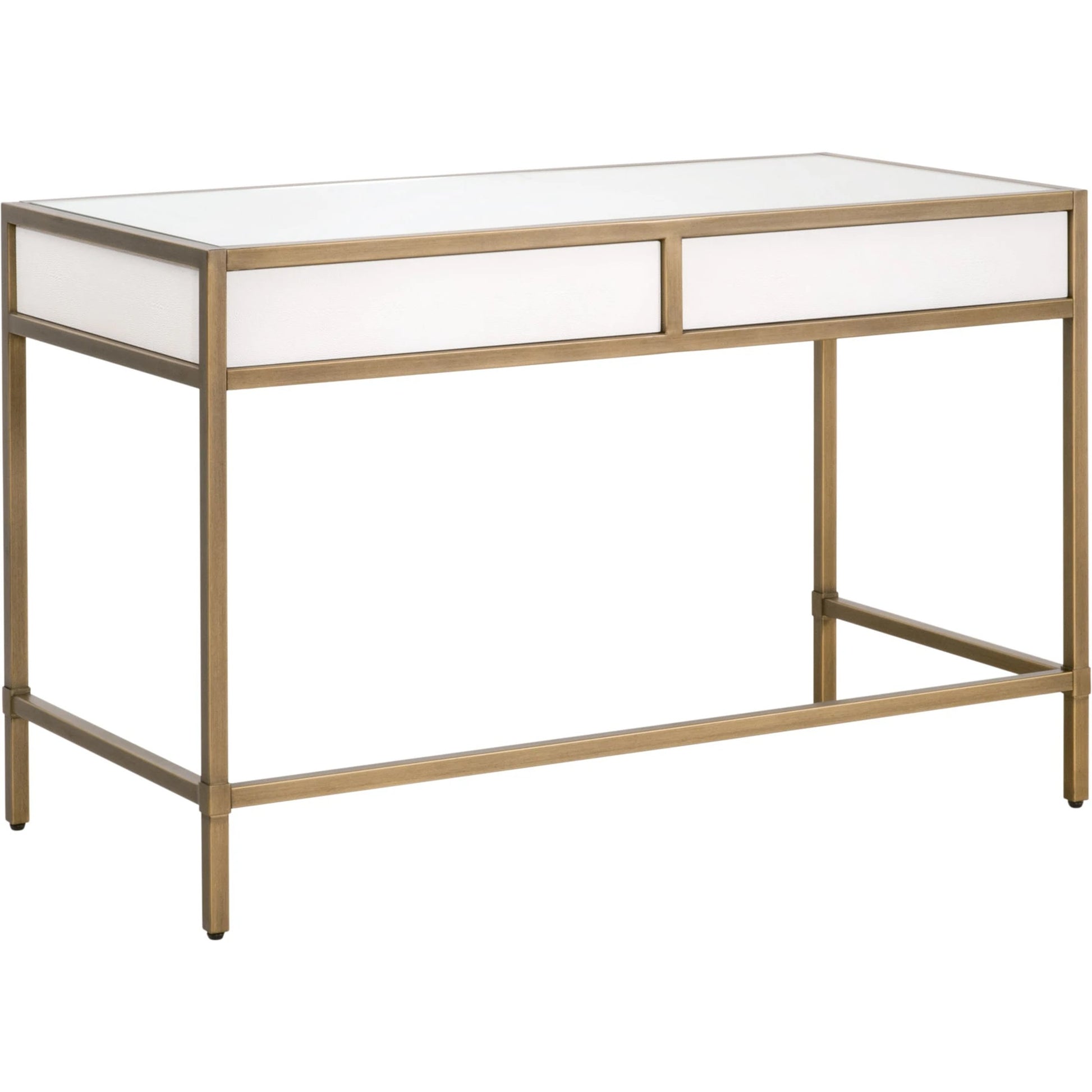 Strand Shagreen Desk by Essentials For Living in pearl shagreen, brushed gold. Made from faux shagreen resin, plywood, mdf, tempered glass, steel in a modern style.