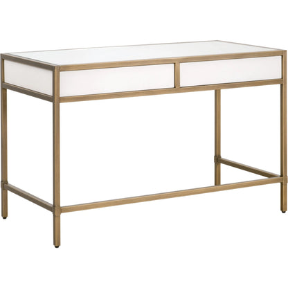 Strand Shagreen Desk by Essentials For Living in pearl shagreen, brushed gold. Made from faux shagreen resin, plywood, mdf, tempered glass, steel in a modern style.