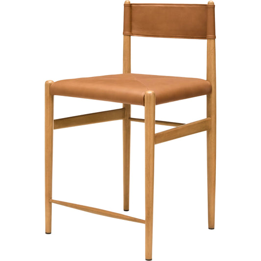 Stria Counter Stool by Surya in brown. Made from leather, mango wood in a traditional style.