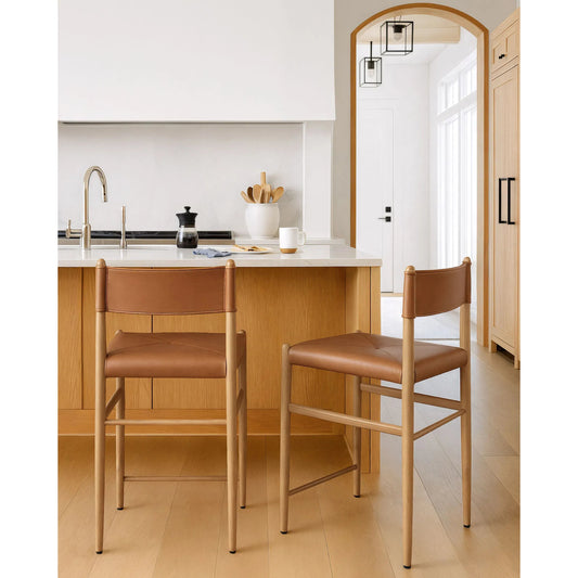 Stria Counter Stool by Surya in brown. Made from leather, mango wood in a traditional style.